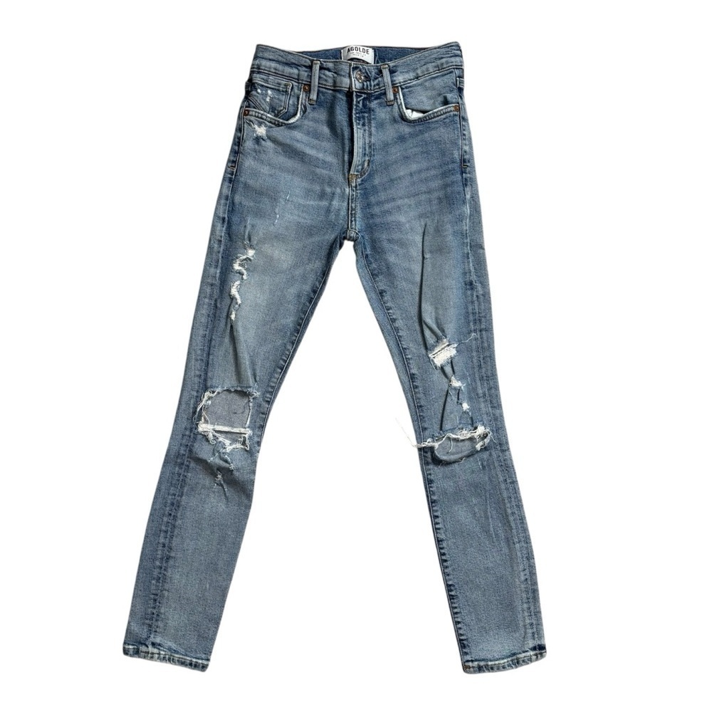 Agolde Sophie Crop High Rise Blue Distressed Skinny Jeans Size 24